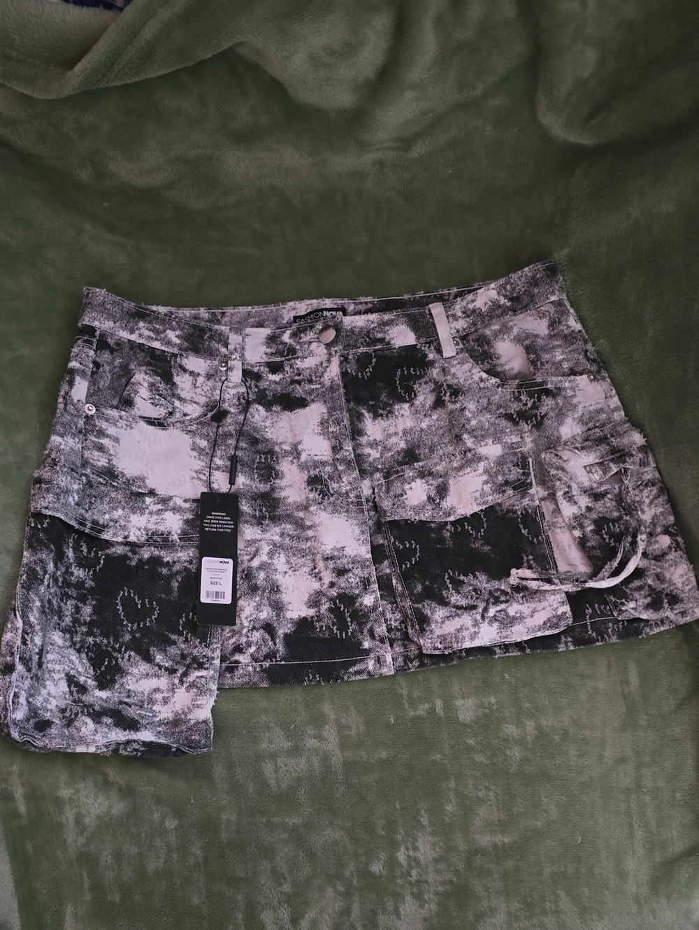 Fashion Nova Black & White Acid Wash Patch Pocket Mini Skirt
